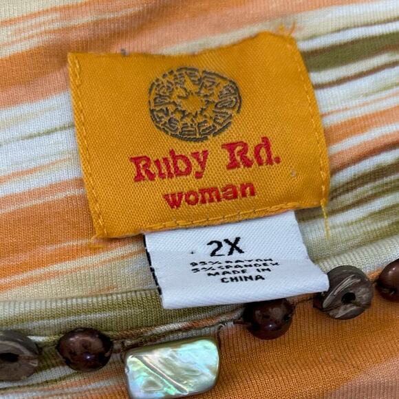 Beaded Casual Stripes Gathered Side Multicolor Pink Orange White Top Size Large - Picture 3 of 6